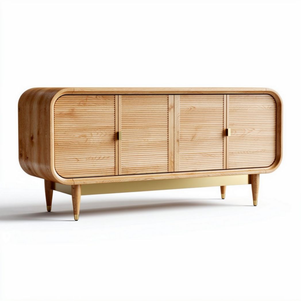 Bamboo sideboard with three cabinet doors and brass accents 150 x 40 x 70cm