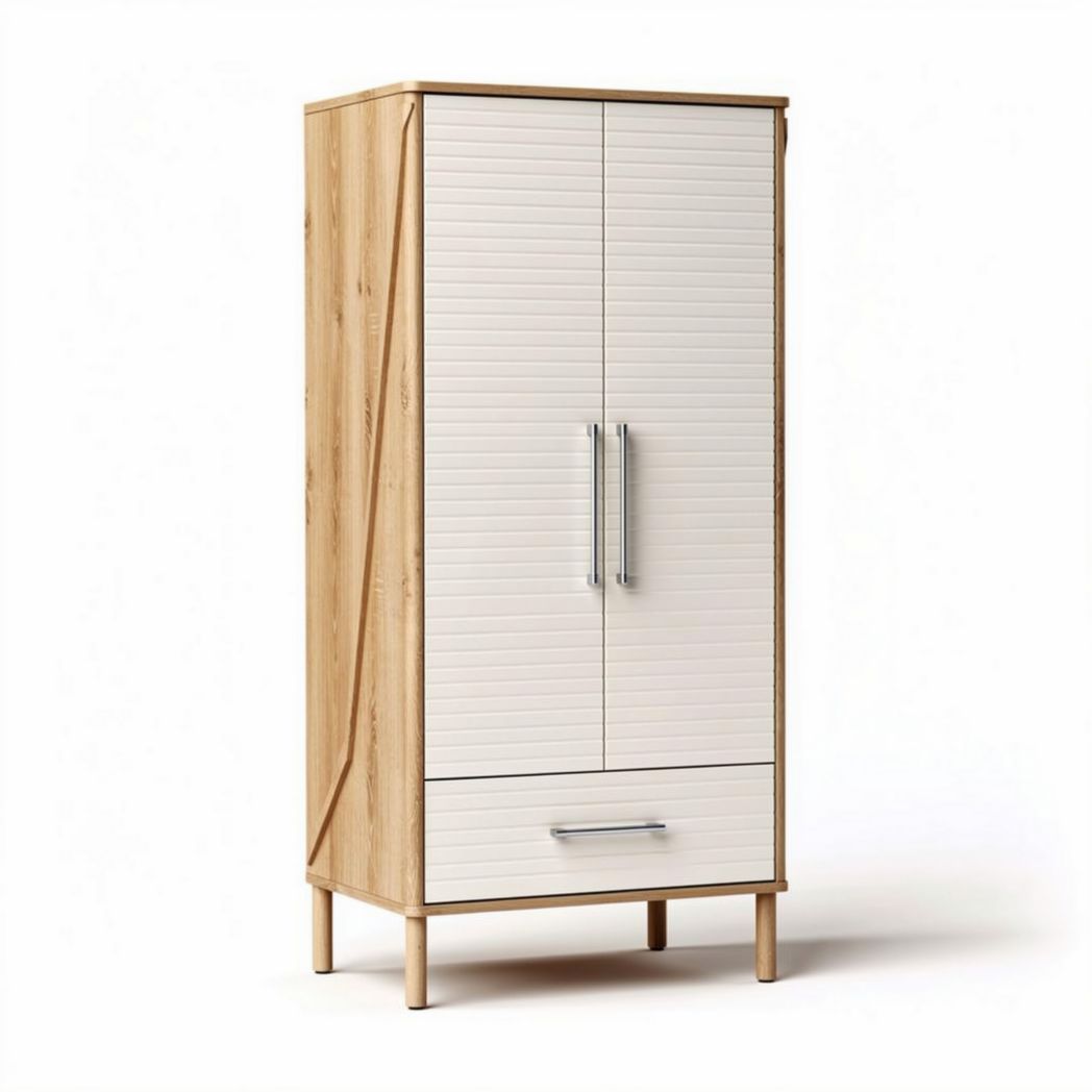 Bamboo wardrobe with two doors and one drawer 60 x 40 x 180cm in white and natural wood finish