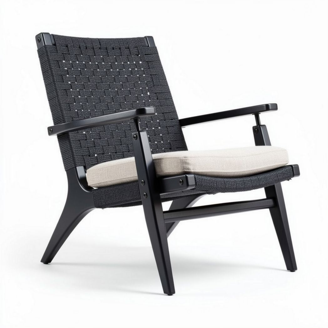 Outdoor patio lounge chair with woven seat and back cushion in black 70 x 70 x 85cm