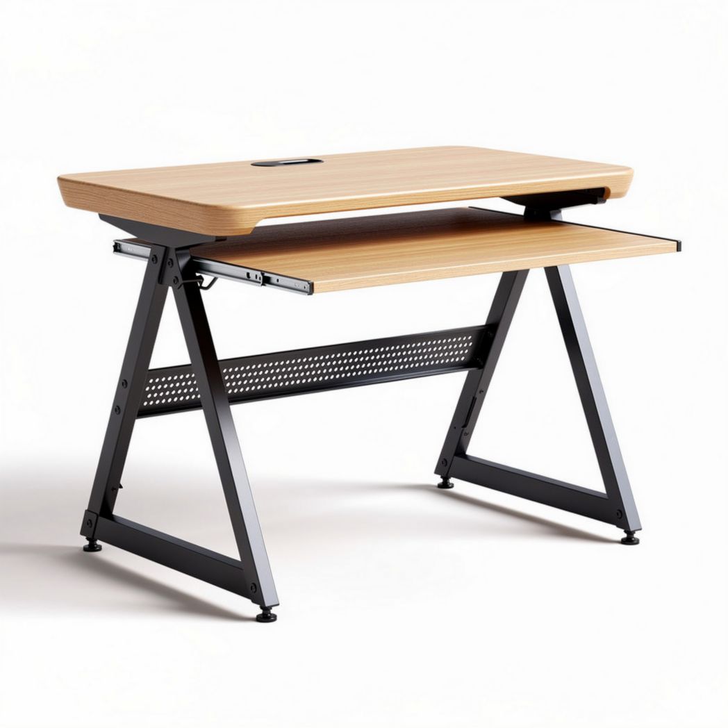 Wooden computer desk with adjustable height and storage shelf 120 x 60 x 75cm