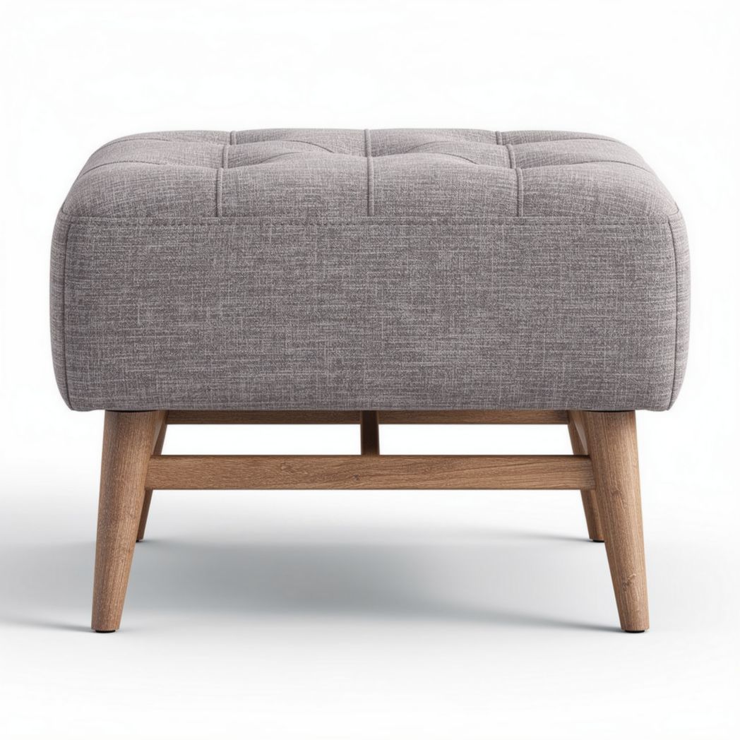 Gray fabric upholstered ottoman with wood legs 60 x 60 x 40cm