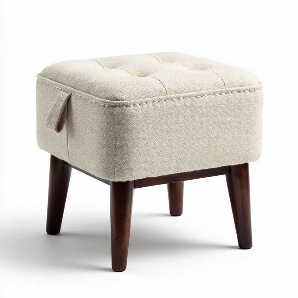 Fabric upholstered square ottoman with wood legs and storage 40 x 40 x 40cm