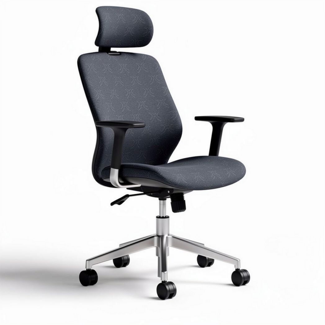 Ergonomic office chair with adjustable headrest and armrests in dark fabric